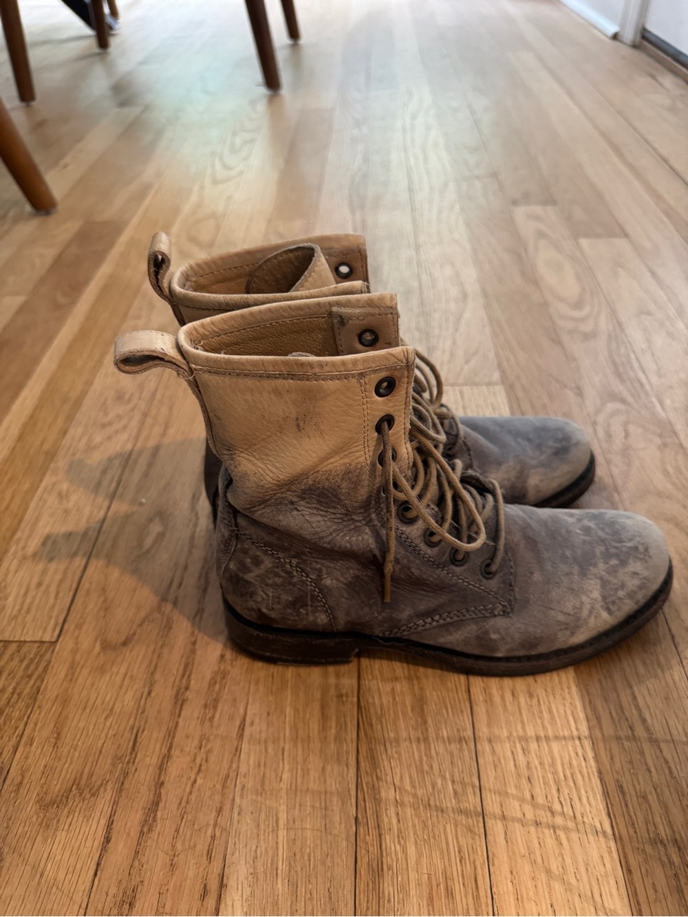 Frye Two-Tone Gray and Tan Lace-Up Leather Boots